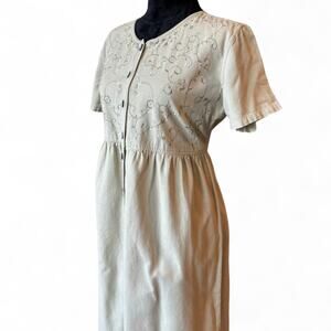 90s Beige Linen Midi Dress – Cottagecore Embroidered [M]